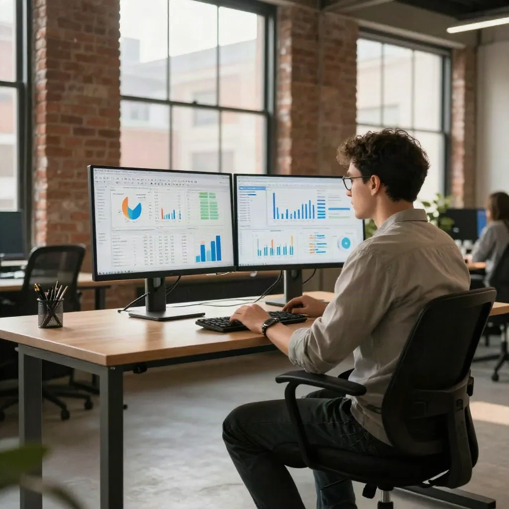 Pendiri startup meninjau dashboard media outreach di monitor ganda