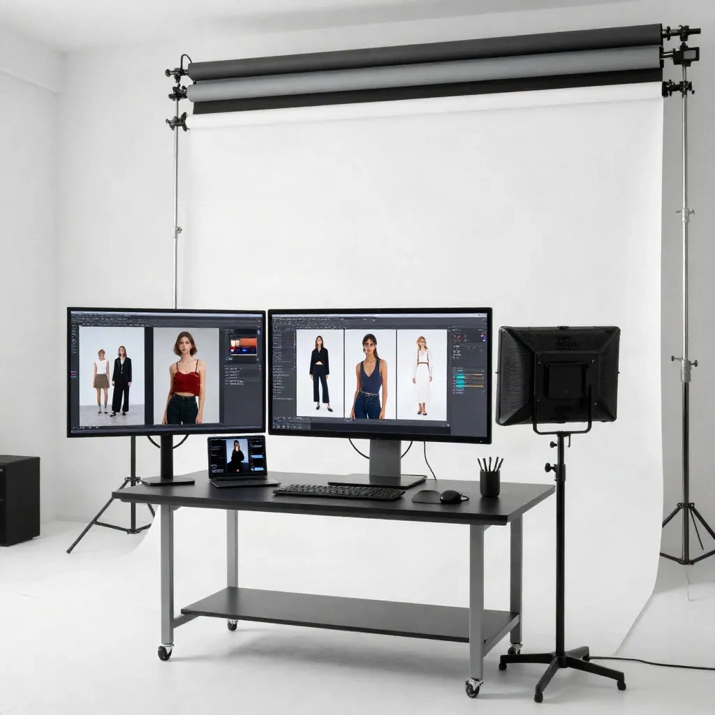 Modern fashion photography studio with digital screens showing AI-generated model renders for scaled production