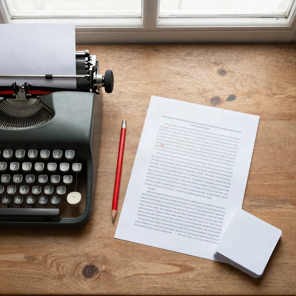 Red pencil, typewriter and a marked-up sheet on an oak desk