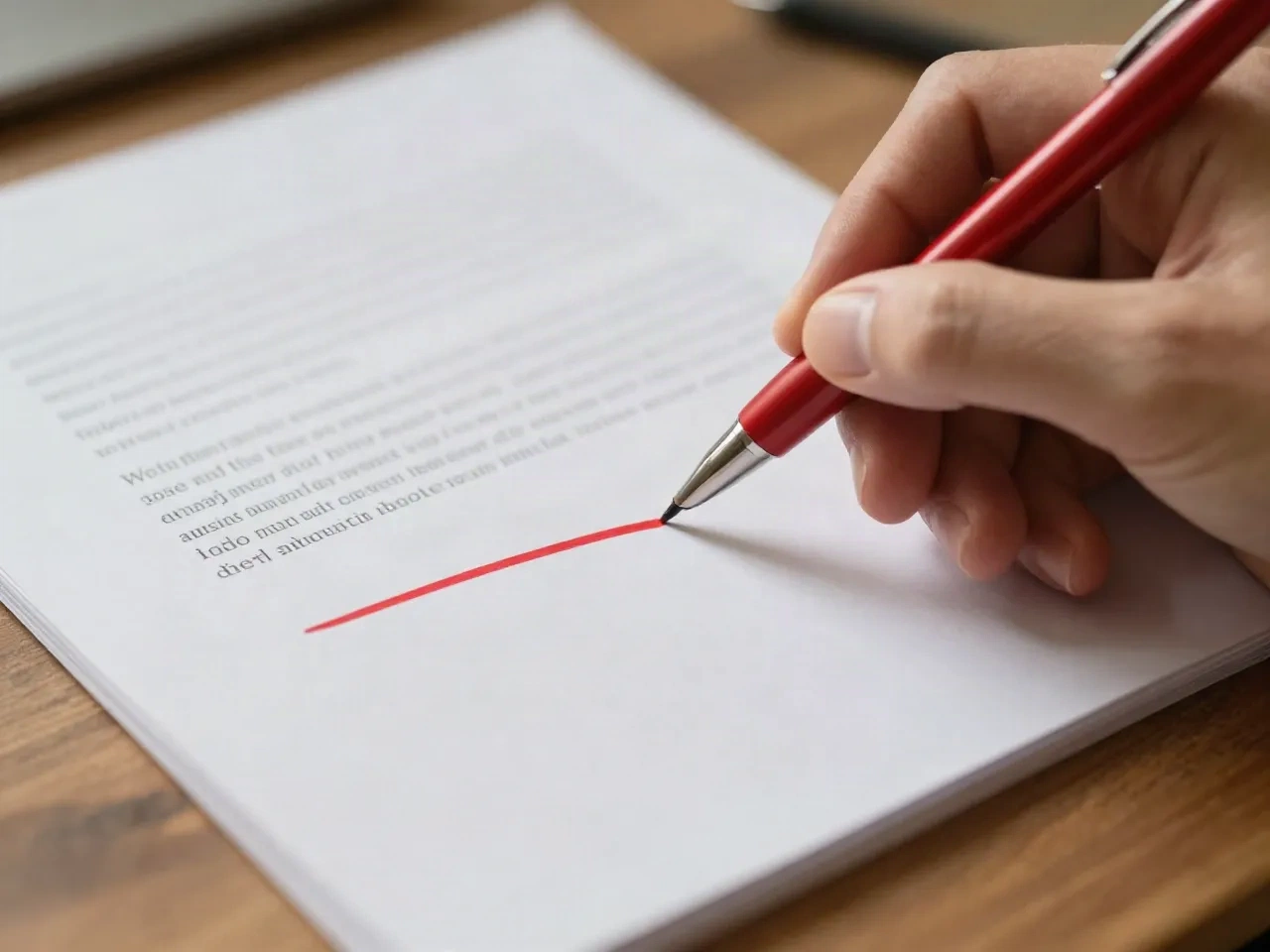 A hand striking a bold red line through a sentence on a printed page of copy