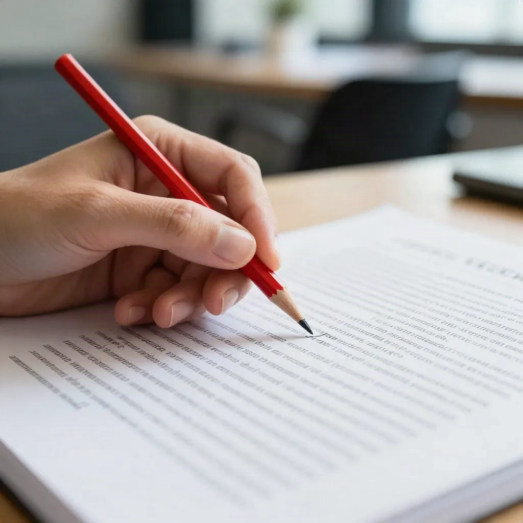 Editor's hand striking out a long paragraph with a red pencil on a printed page