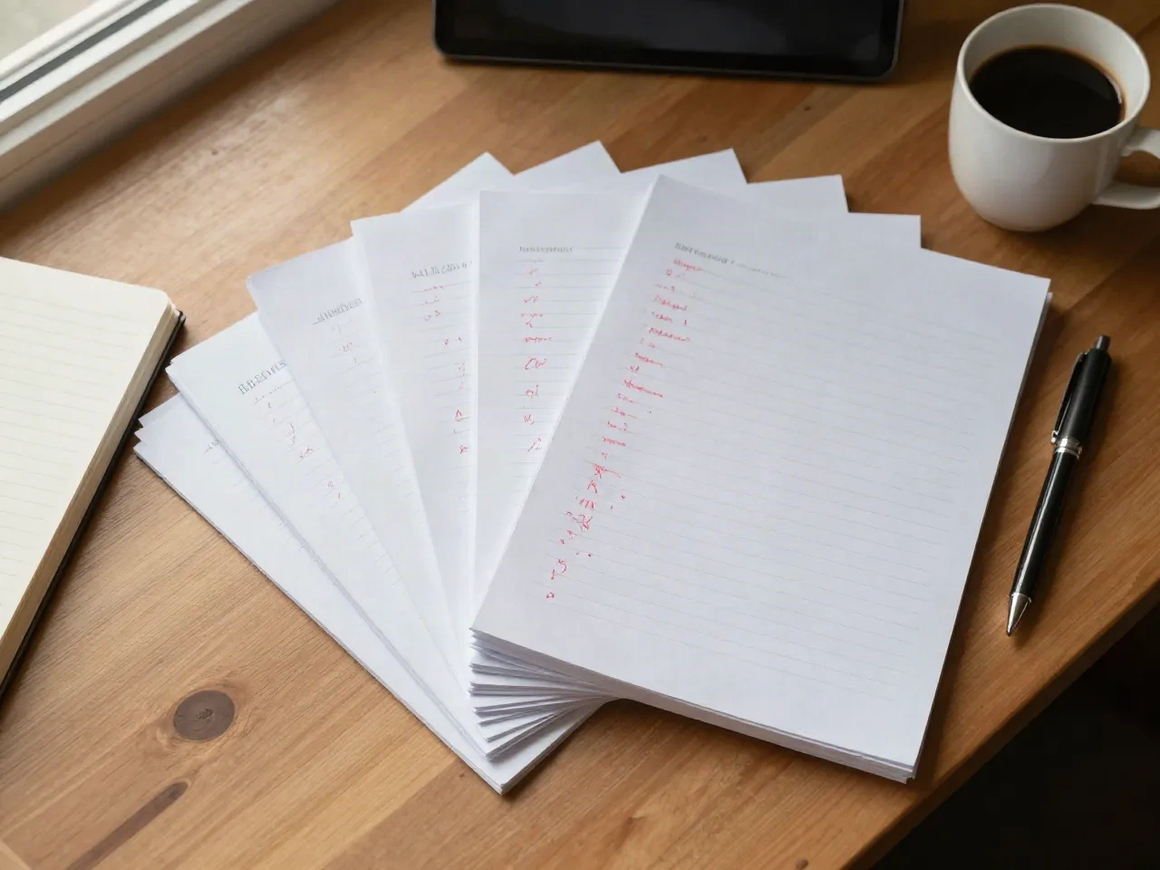 A fanned stack of printed pages with red pen marks on a wooden desk beside a coffee cup
