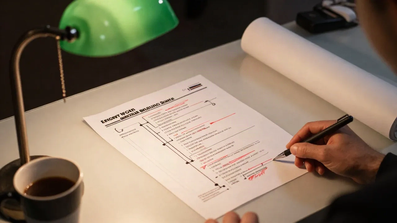 Schreibtisch nachts mit einem markierten Automation-Flowchart unter einer grünen Bankierleuchte