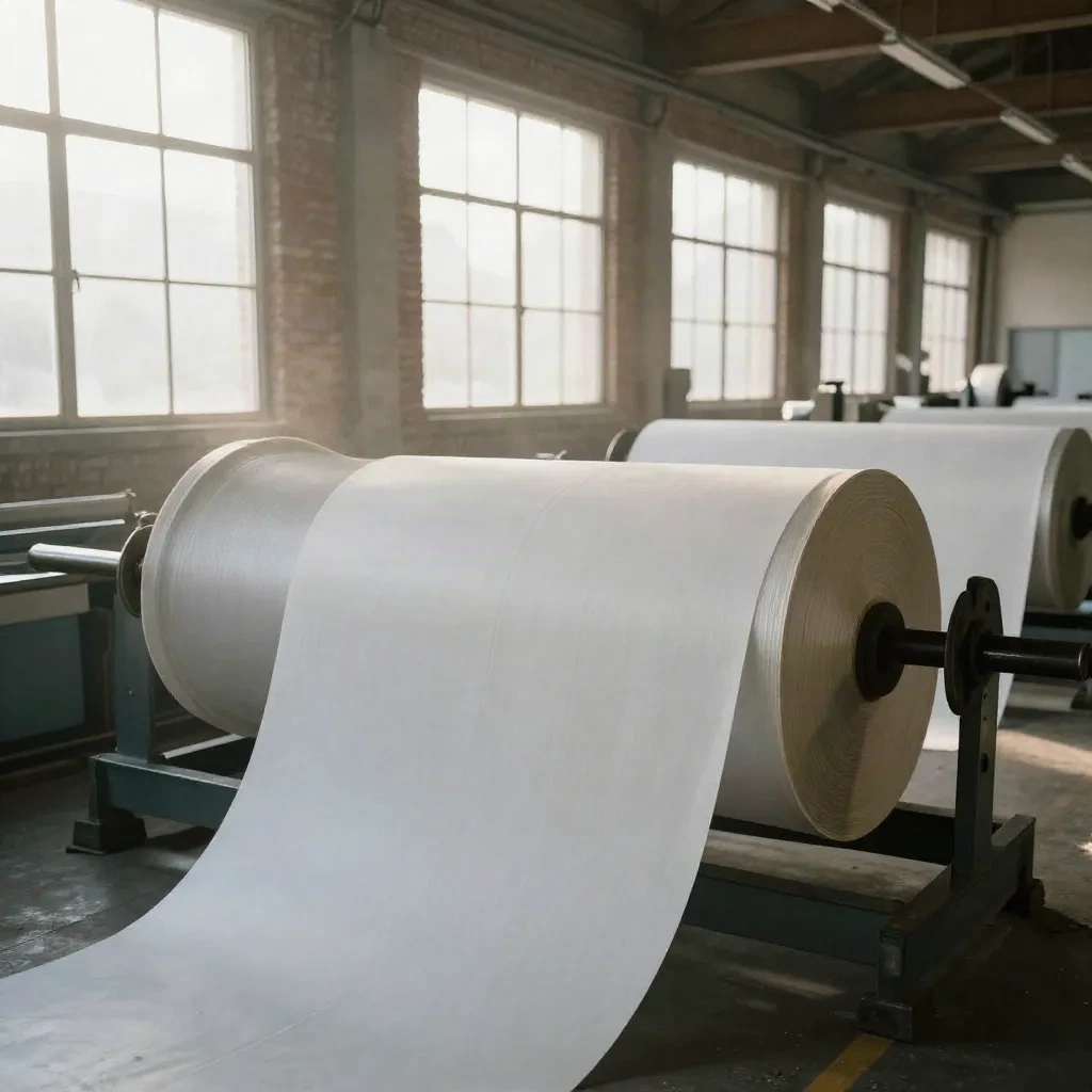 Rolls of blank newsprint in a brick printing hall