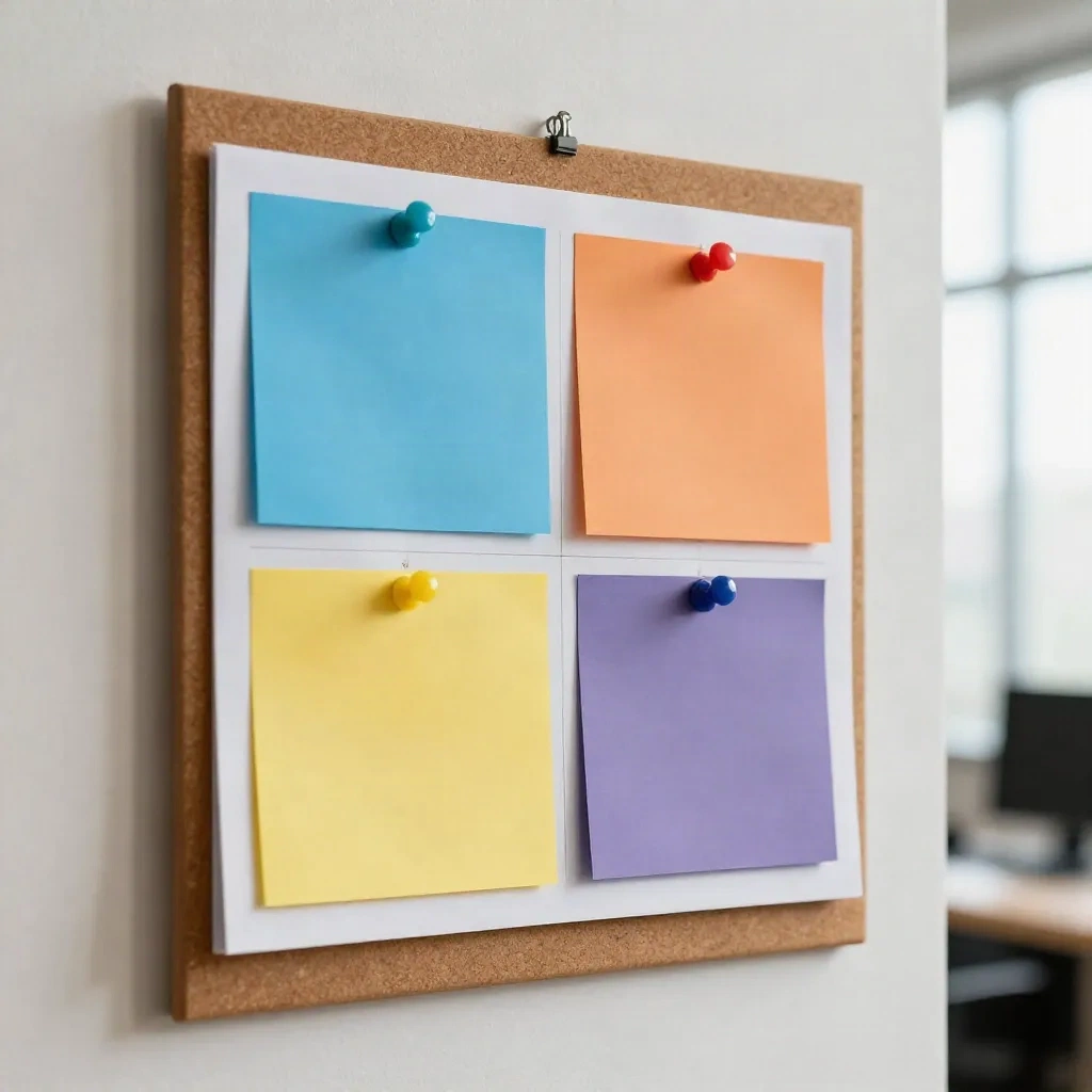 Vier gekleurde papieren kwarten op een prikbord boven een wandkalender