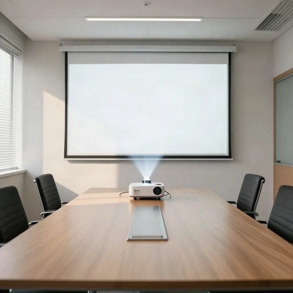 Empty meeting room with a projector beaming a blank white screen