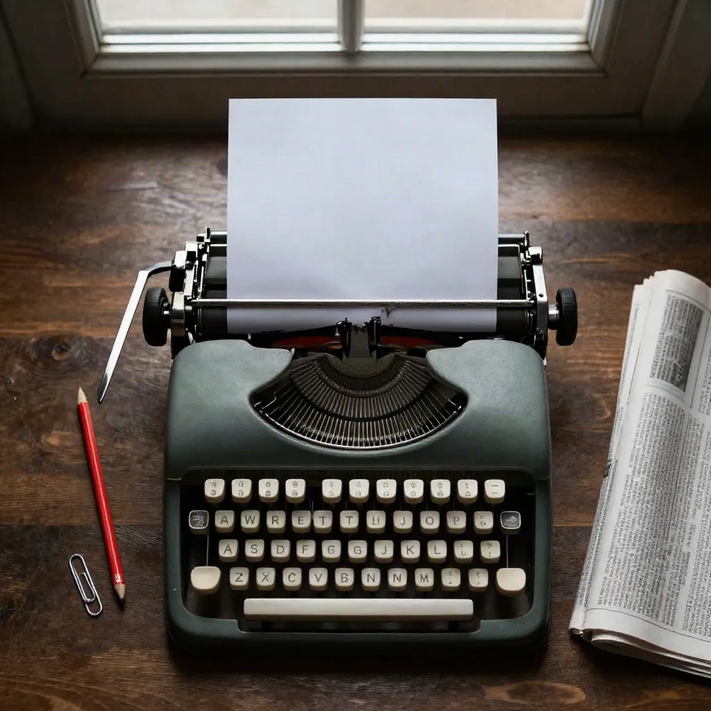 Typewriter with a blank sheet loaded, a red pencil and a folded newspaper on a wooden desk