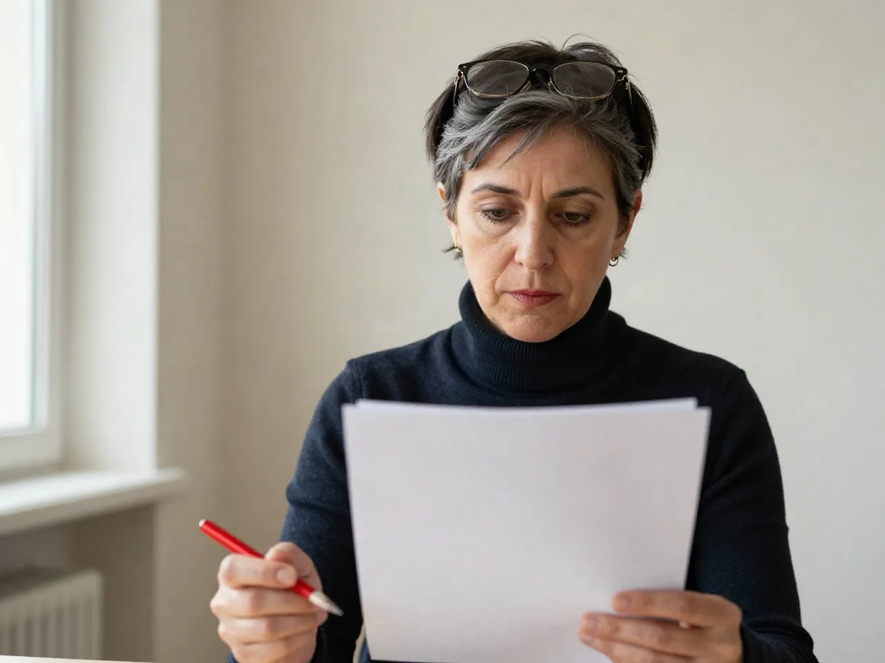 A copy editor with a red pen reading a printed page at a window-lit desk