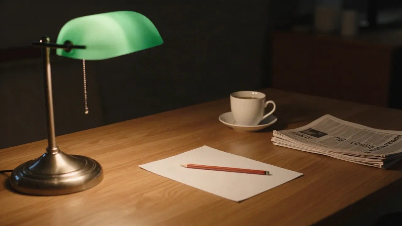 Lampe de banquier verte au-dessus d'une feuille blanche et d'un crayon rouge sur un bureau de rédaction la nuit