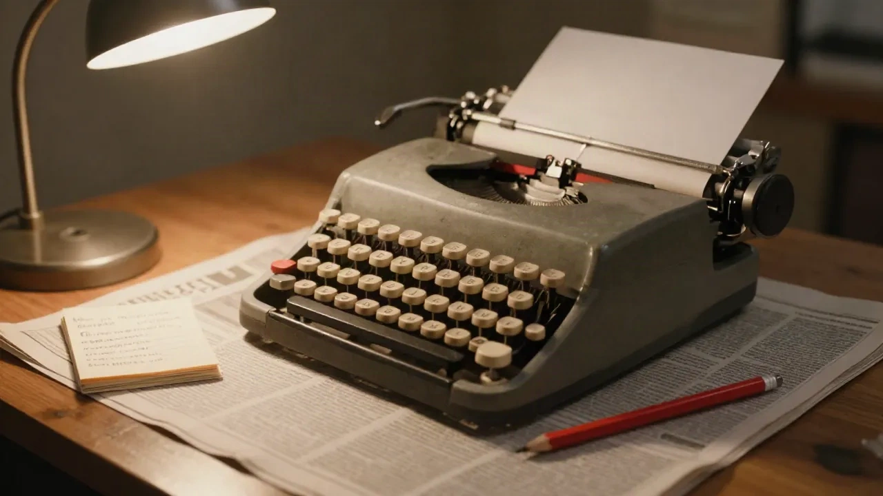 Schreibmaschine, roter Korrekturstift und Zettelsammlung auf dem Schreibtisch eines Redakteurs