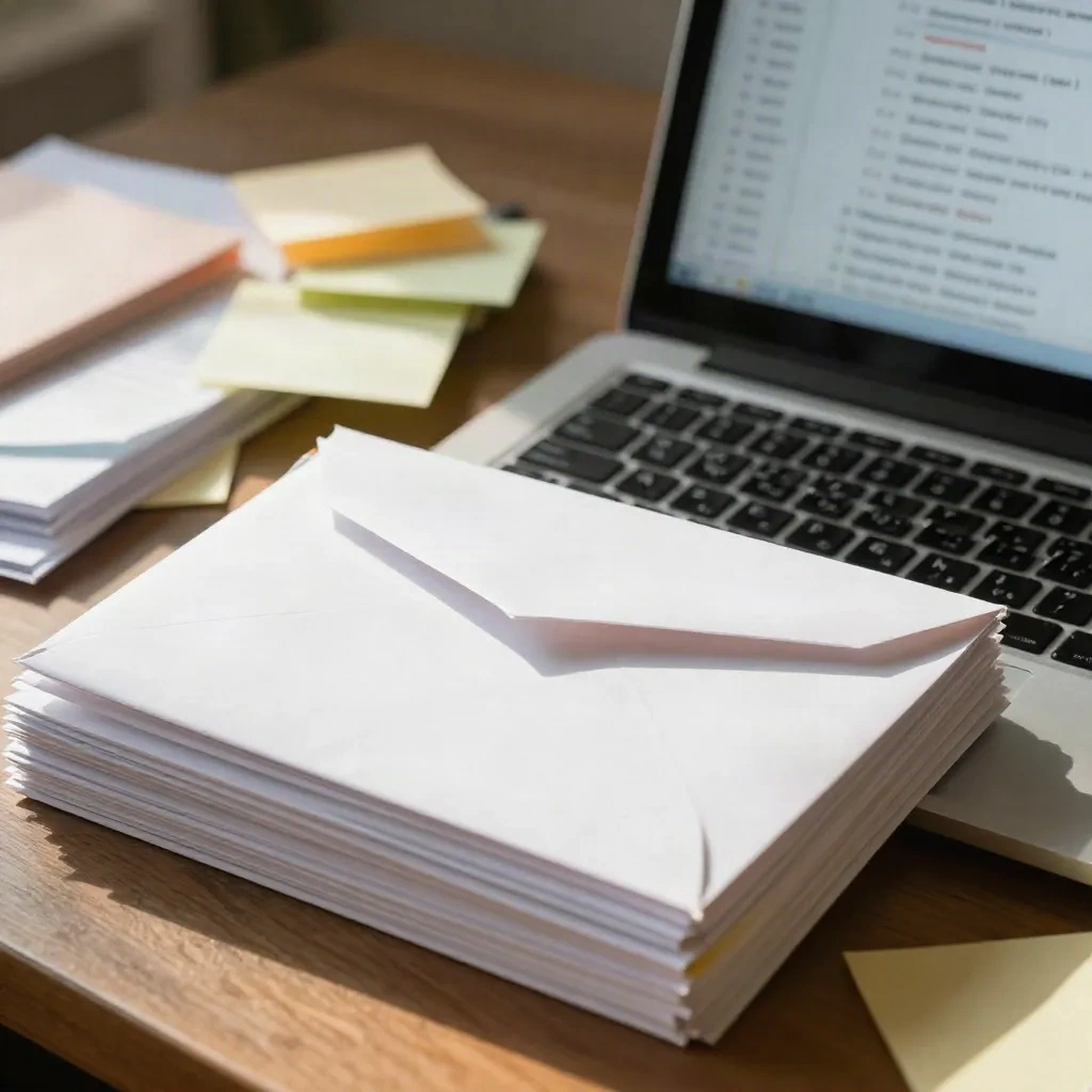 Stack of envelopes beside a laptop and sticky notes on a cluttered desk