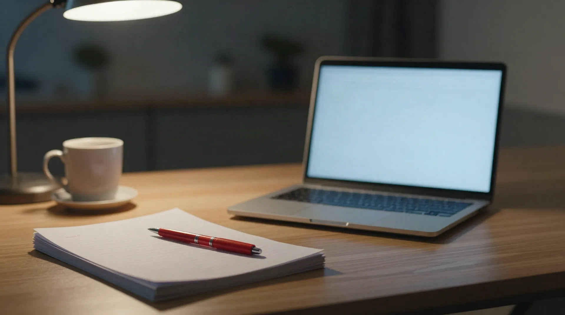 Ein abgedunkelter Redaktionsschreibtisch bei Nacht mit offenem Laptop, einem Stapel Papier mit einem roten Korrekturstift darauf, einer Kaffeetasse und einer warmen Schreibtischlampe