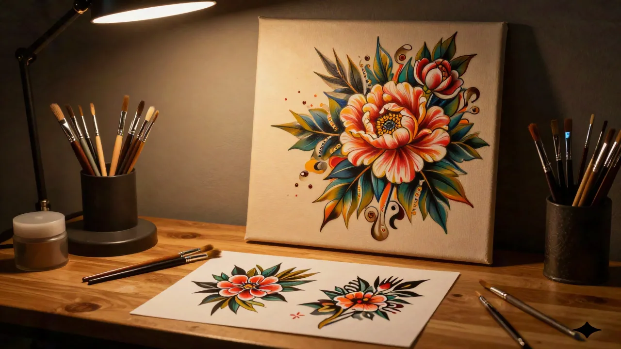 Tattoo artist studio desk with oil painting brushes and flash sheet design references