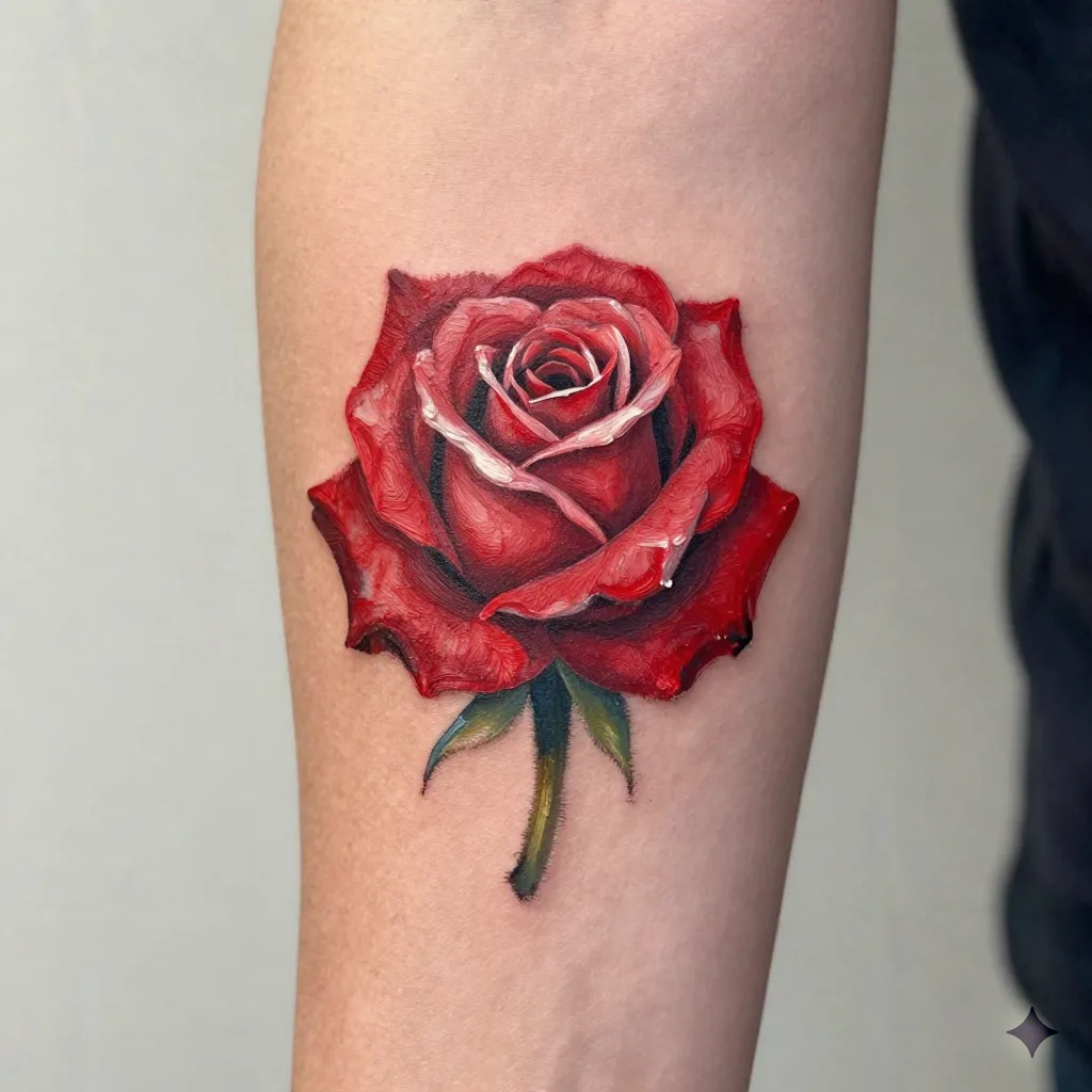 Oil painting style rose tattoo on forearm with visible brushstroke texture
