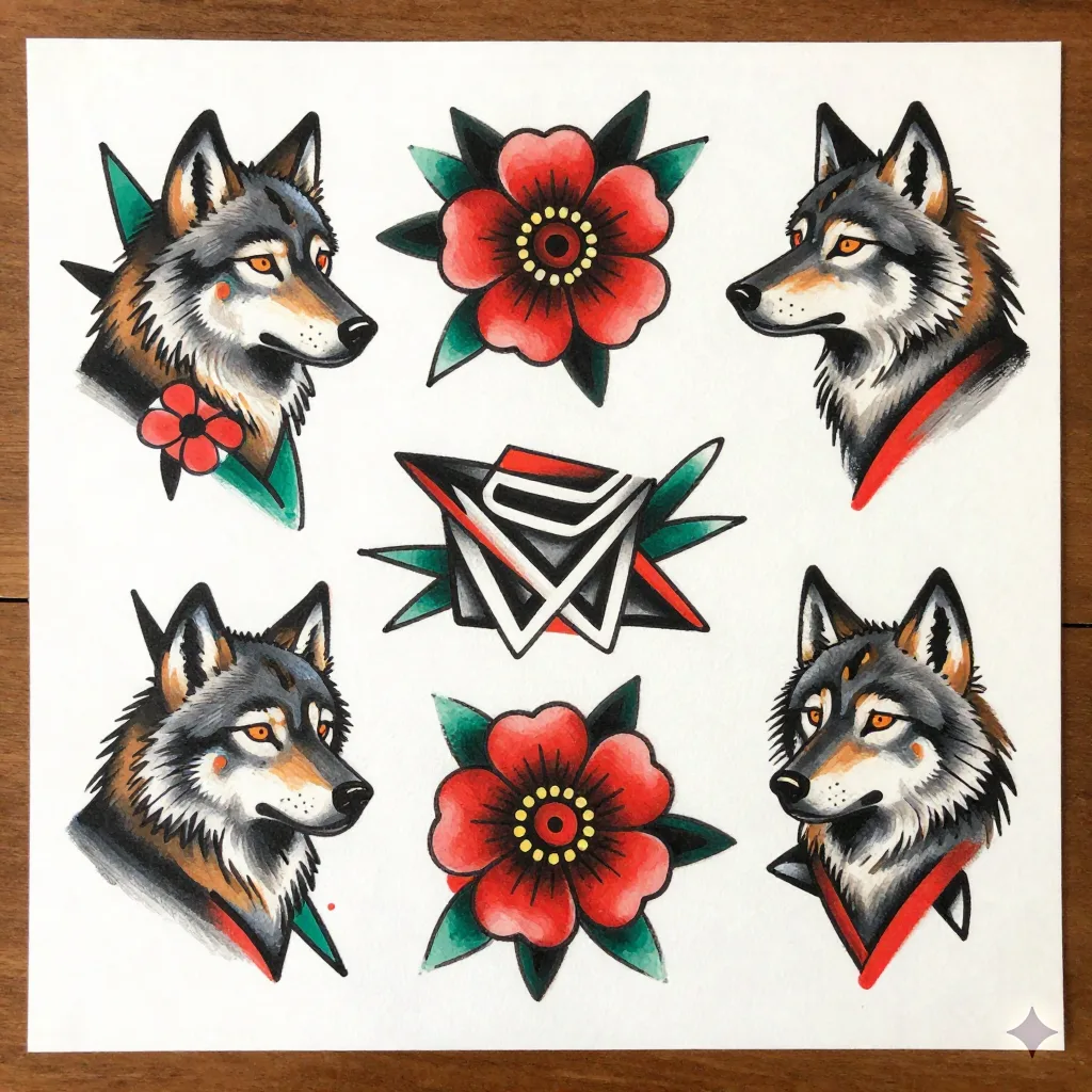 Tattoo flash sheet with oil painting style designs on wooden table