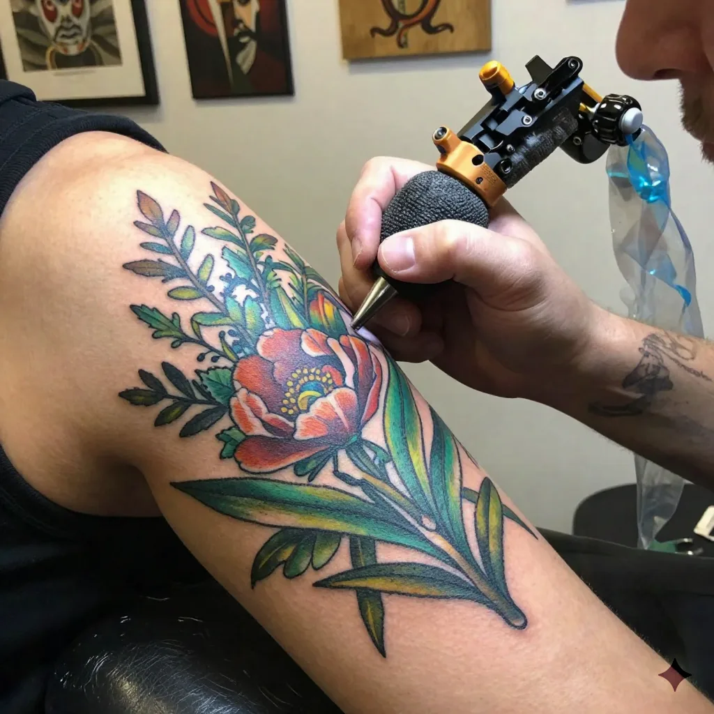 Tattoo artist hands working on an oil painting style botanical tattoo