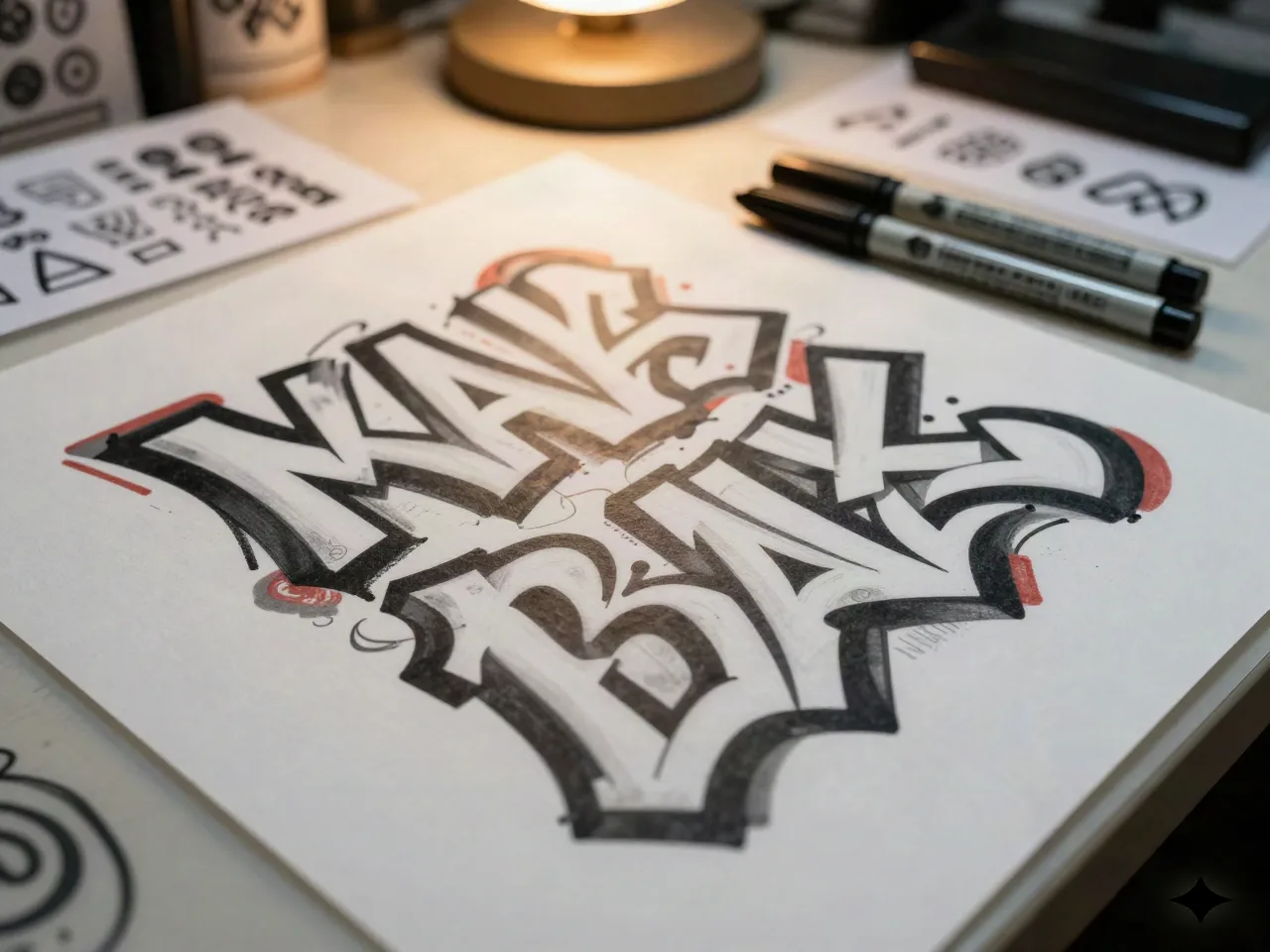 Close-up of a tattoo studio flash sheet with bold graffiti-style letter sketches and markers on a desk