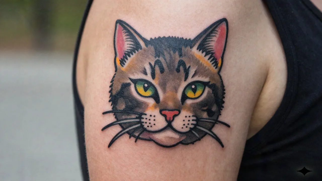 Tatuaggio neo-tradizionale a colori guarito con un ritratto di gatto sul braccio