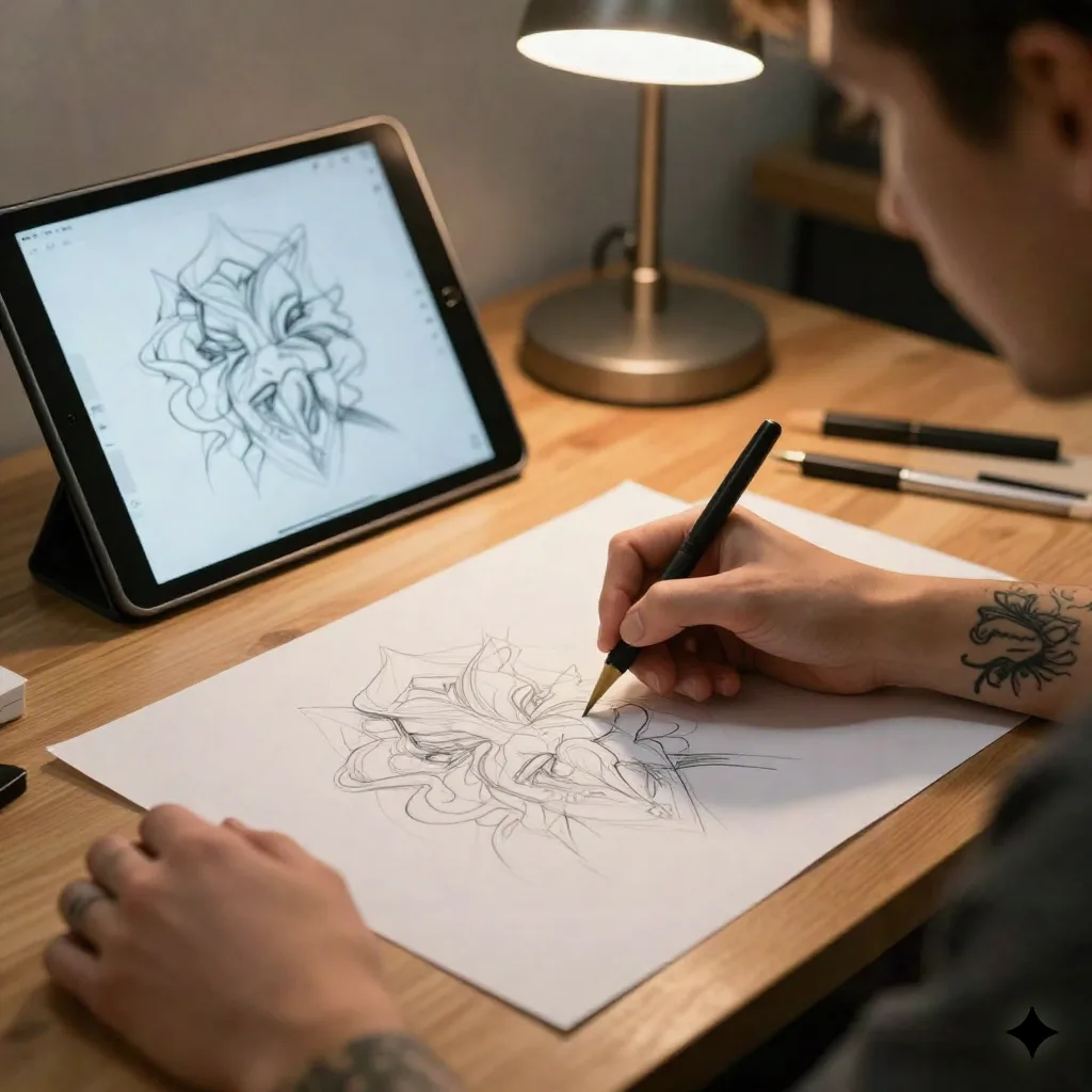 Tattoo kunstenaar handen schetsen lijnwerk op doordrukpapier naast tablet met AI-gegenereerde ontwerp schets
