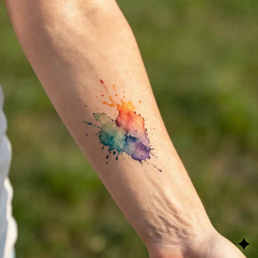 Watercolor-stijl tatoeage op onderarm buiten in gouden uur licht