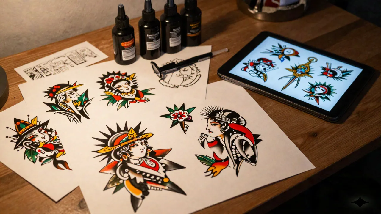 Flat-Lay eines Tattoo-Studio-Schreibtischs mit ausgedruckten Flash-Blättern neben einem Tablet, das KI-generierte Design-Variationen zeigt