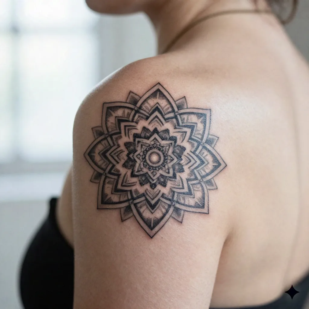 Close-up van verfijnd dotwork geometrisch mandala tatoeage op een schouderblad