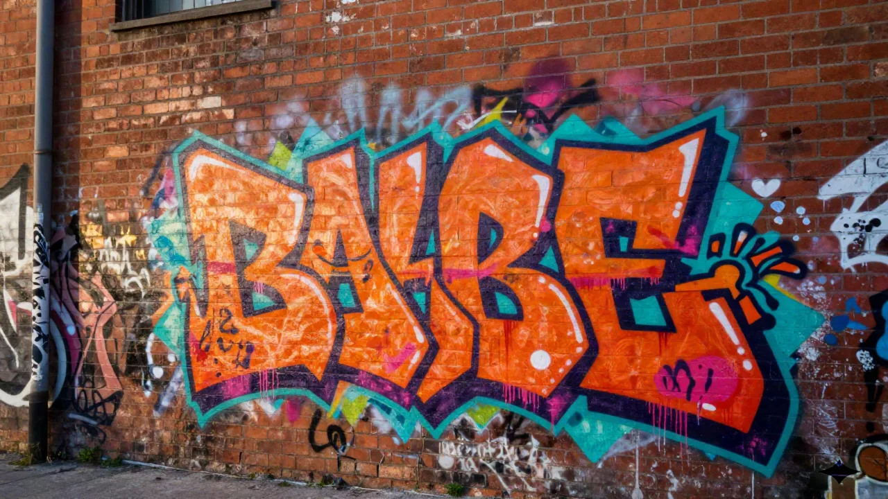 Colorful wildstyle graffiti lettering and spray paint art on a red brick alley wall in golden hour light