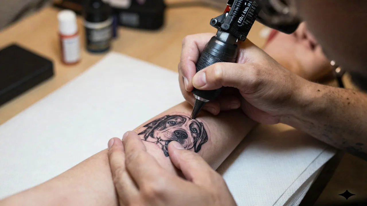 Tätowierer setzt letzte Details an einem Fine-Line-Black-and-Grey-Haustier-Porträt-Tattoo am Unterarm