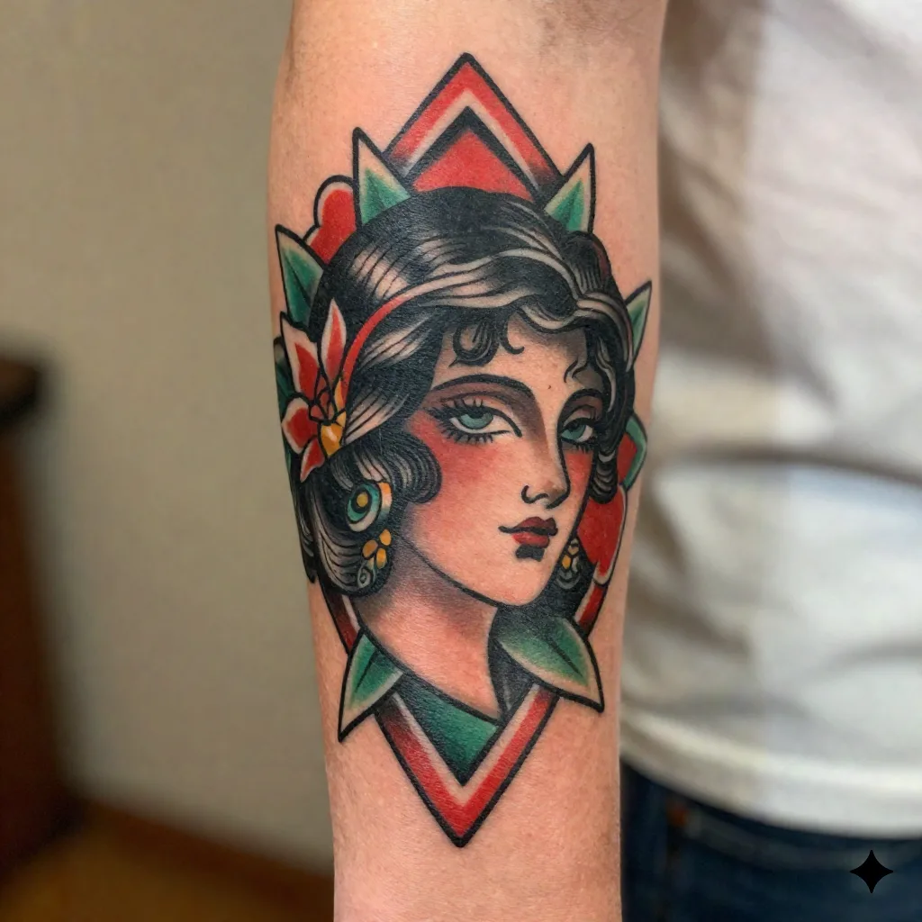 Close-up van een genezen neo-traditionele tatoeage met dikke omtrekken en verzadigde kleur