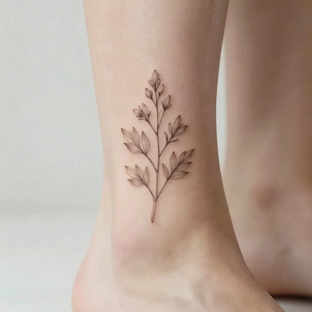 Delicate fine line botanical tattoo on wrist in soft natural light