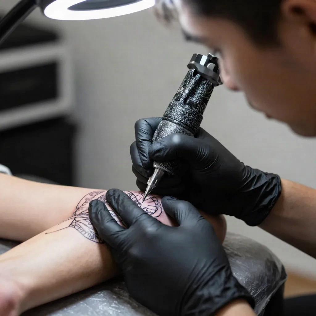 Tattoo artist working on a forearm tattoo in a modern studio