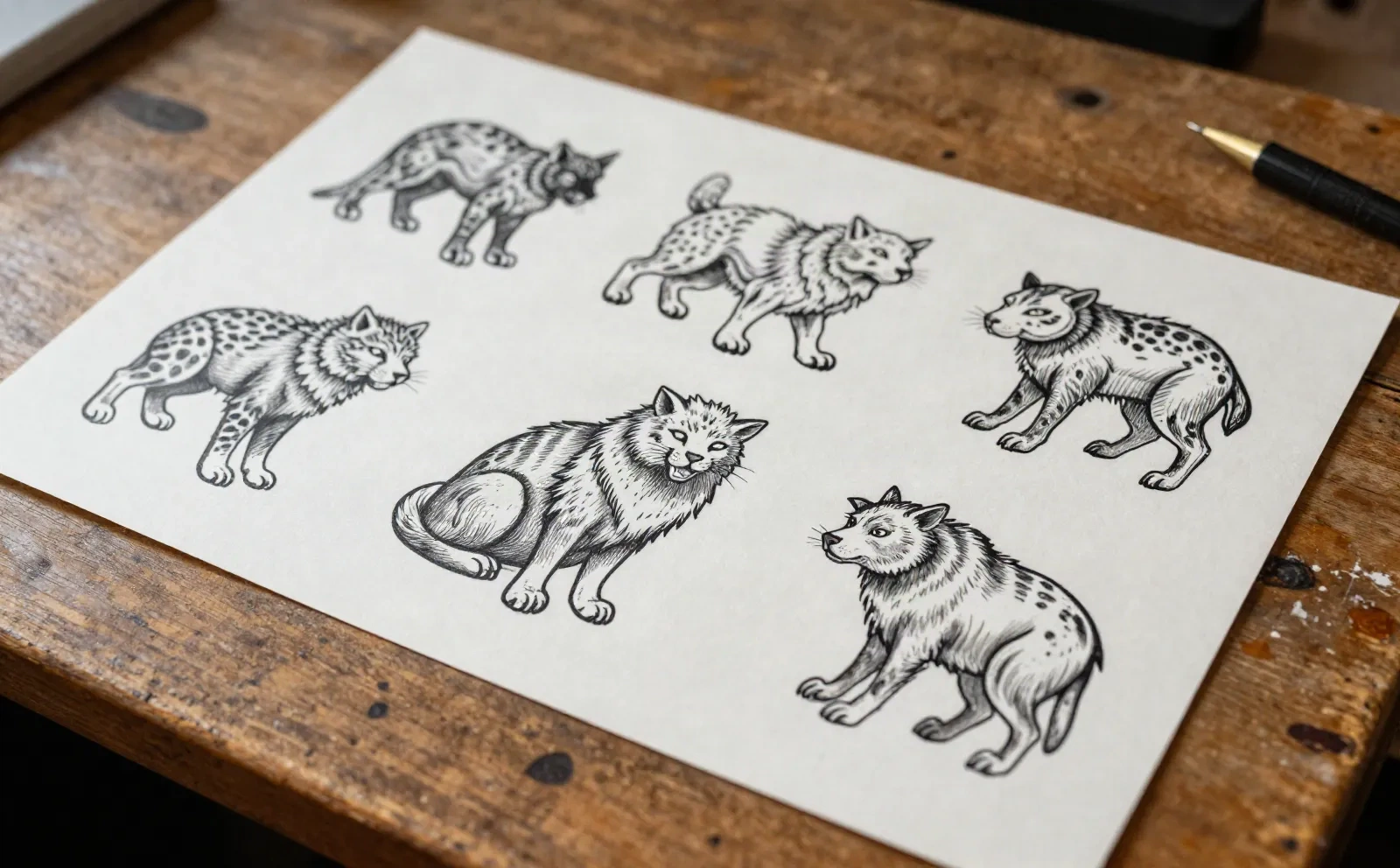 Handritat tatueringsdesign-flashblad med flera stilvarianter av samma djurmotiv