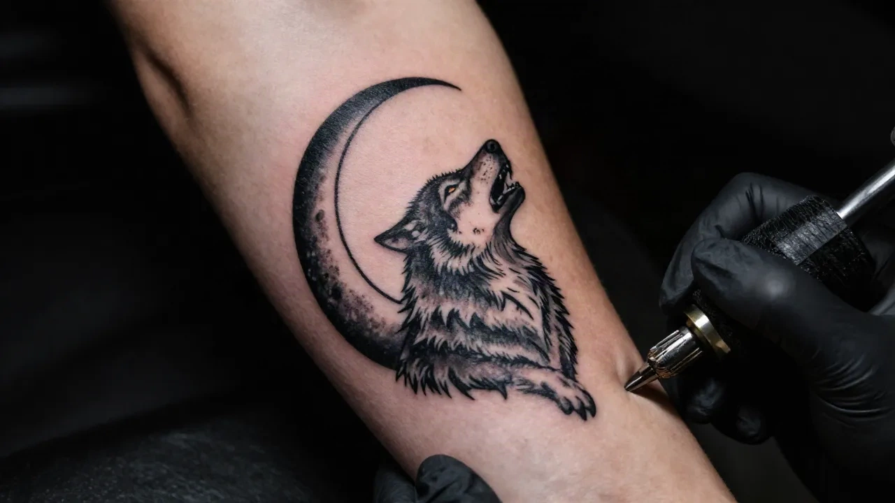 Nahaufnahme eines frischen Blackwork Wolf- und Mond-Tattoos, das auf einem Unterarm angebracht wird