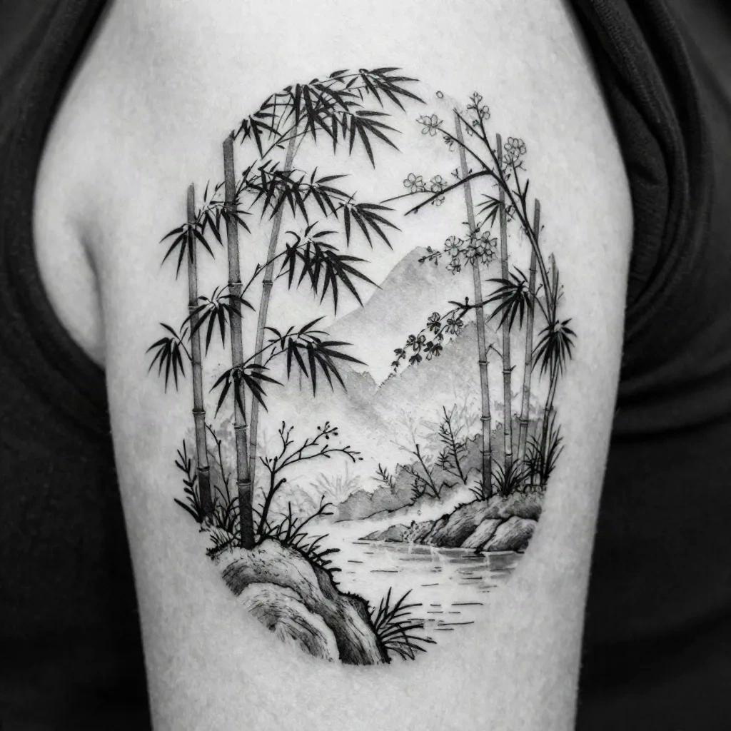 Fine line Japanese forest landscape tattoo reference generated by AI