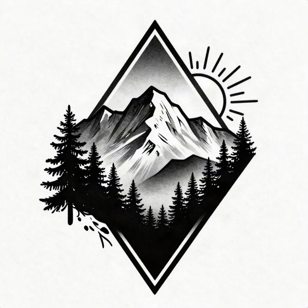 Blackwork mountain landscape with geometric triangle frame AI tattoo reference