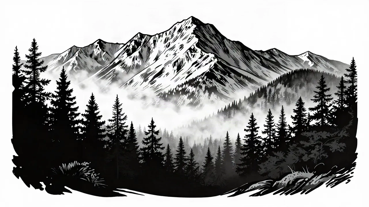 AI generated mountain landscape in blackwork tattoo style - reference art for tattoo design