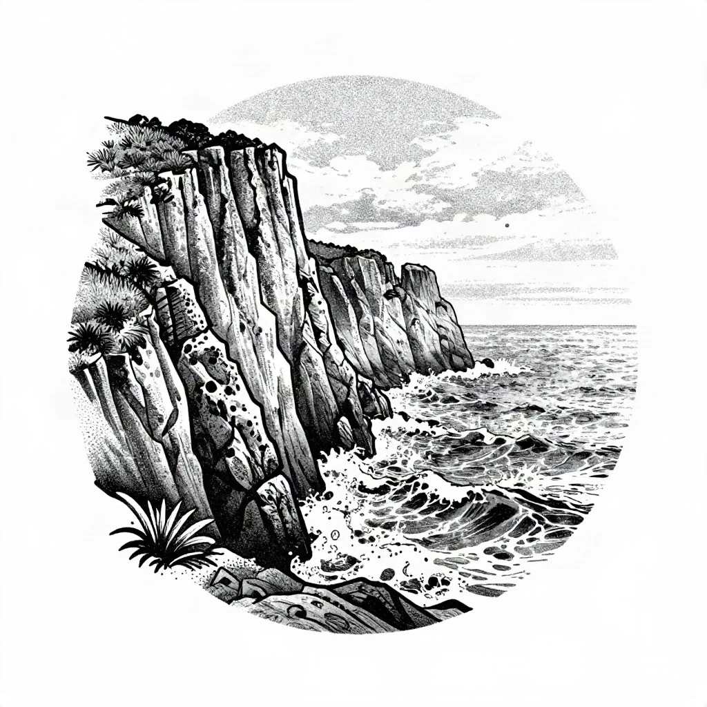 Dotwork coastal cliff landscape tattoo reference with stippling technique