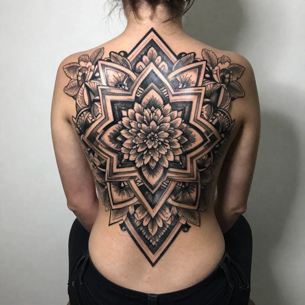 Large geometric floral tattoo on upper back and shoulder blade in studio lighting