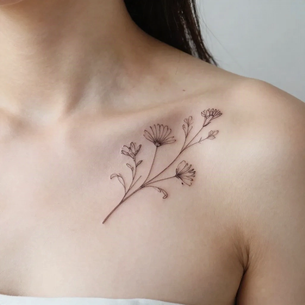 Healed fine line botanical tattoo on a collarbone showing the settled ink and line quality
