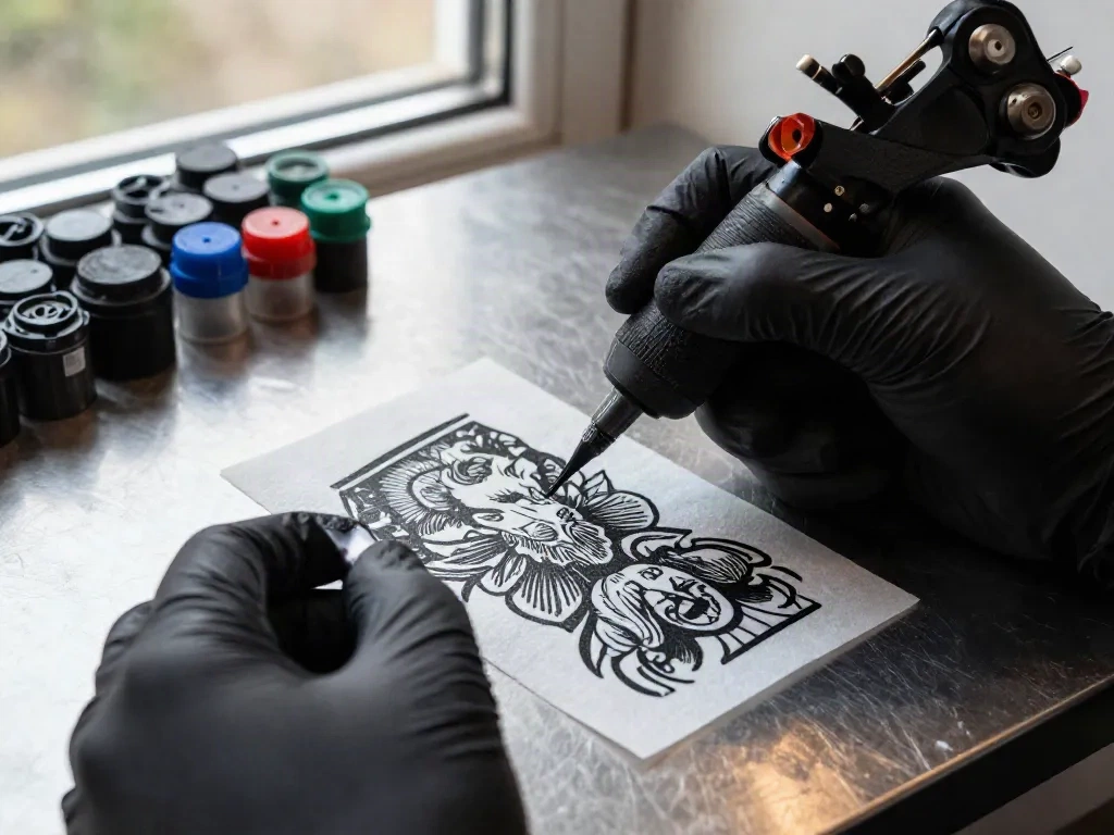 Close-up of a tattoo stencil outline transferred onto skin before tattooing