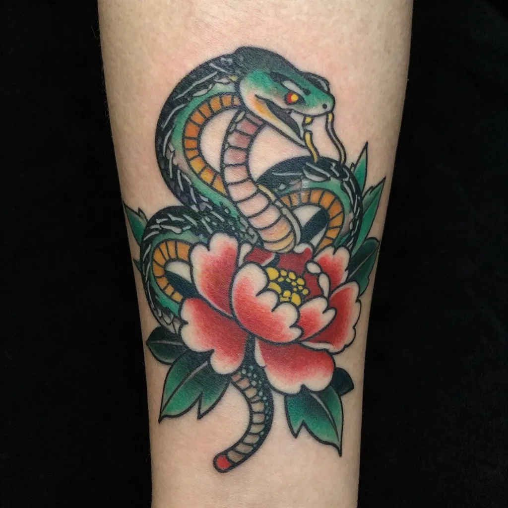 Healed neo-traditional snake and peony tattoo on a forearm with bold outlines and rich color