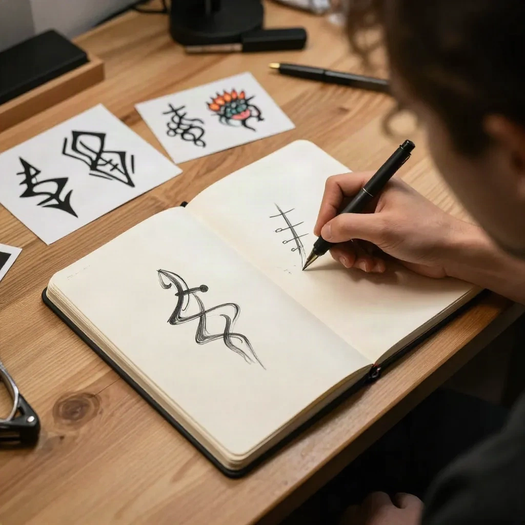 Tattoo artist sketching semicolon designs in a flash sketchbook