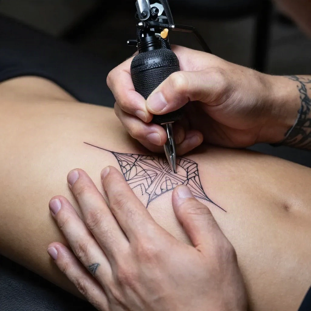 Tattoover working with a single needle machine on a fine line geometric tattoo