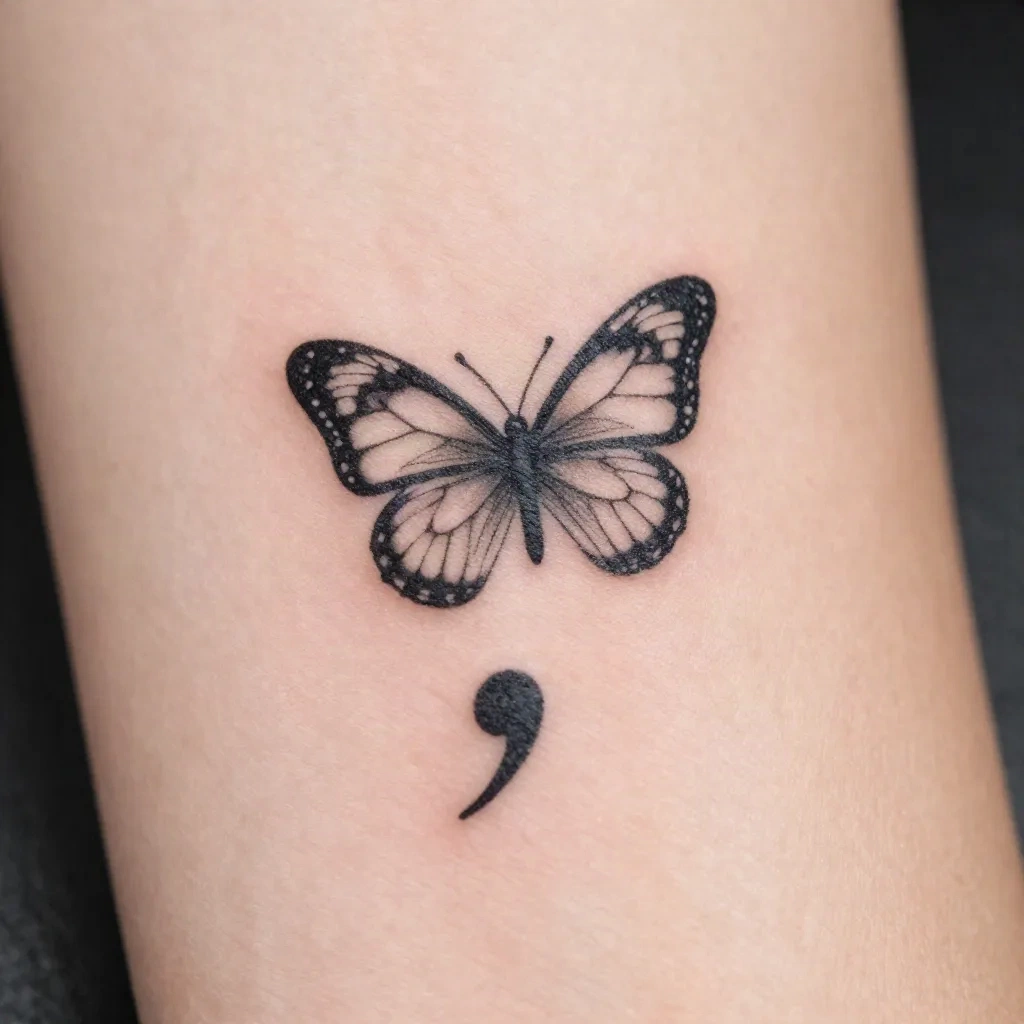 Fine-line semicolon butterfly tattoo on forearm - variation design