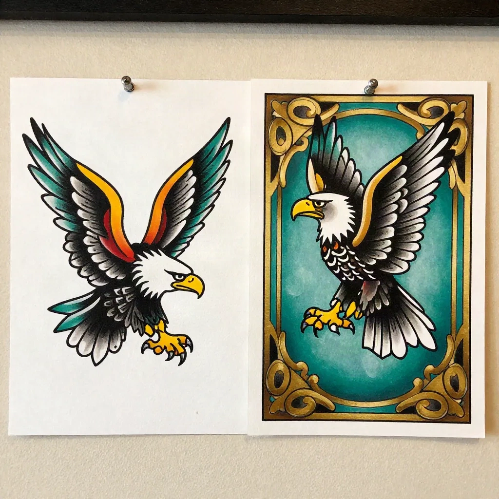 American traditional eagle flash next to a neo-traditional eagle with an art nouveau frame