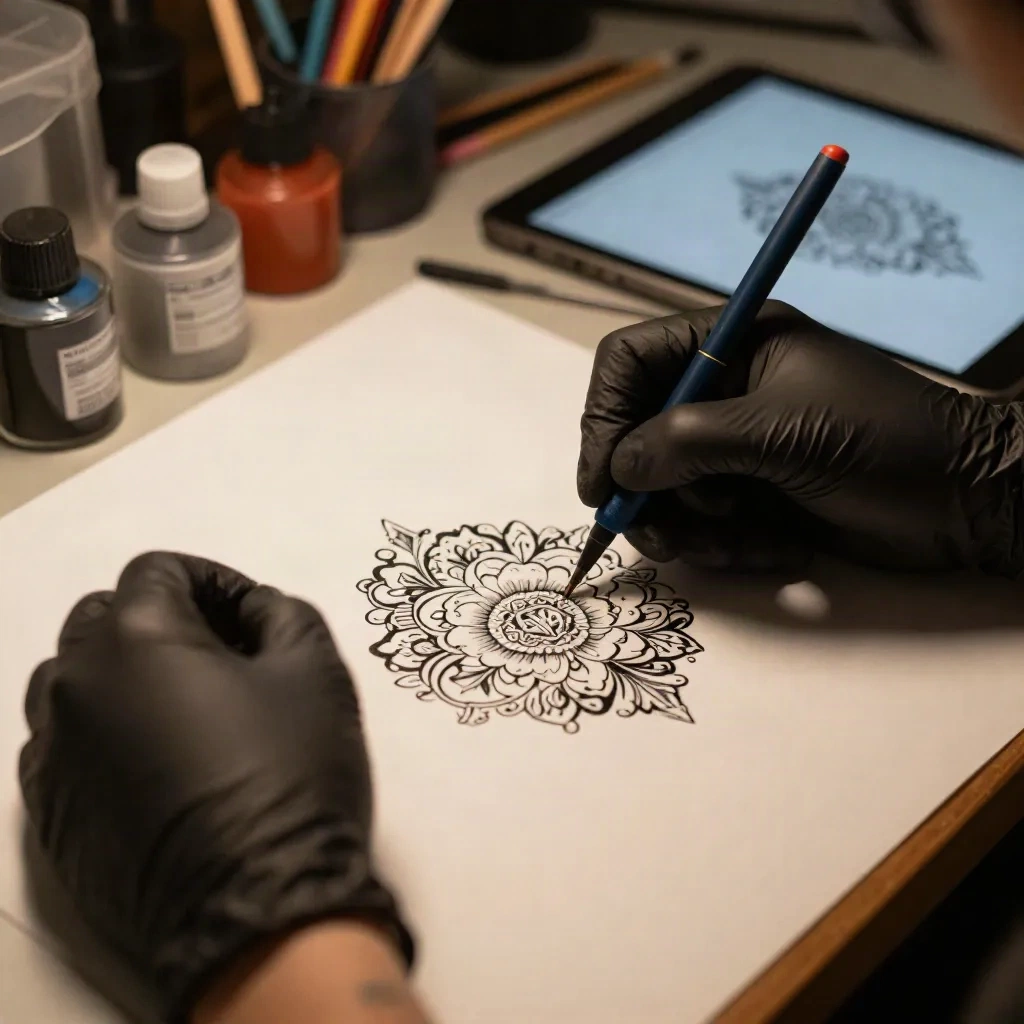 Tattoo artist tracing a floral stencil at a desk with a tablet sketch beside the paper