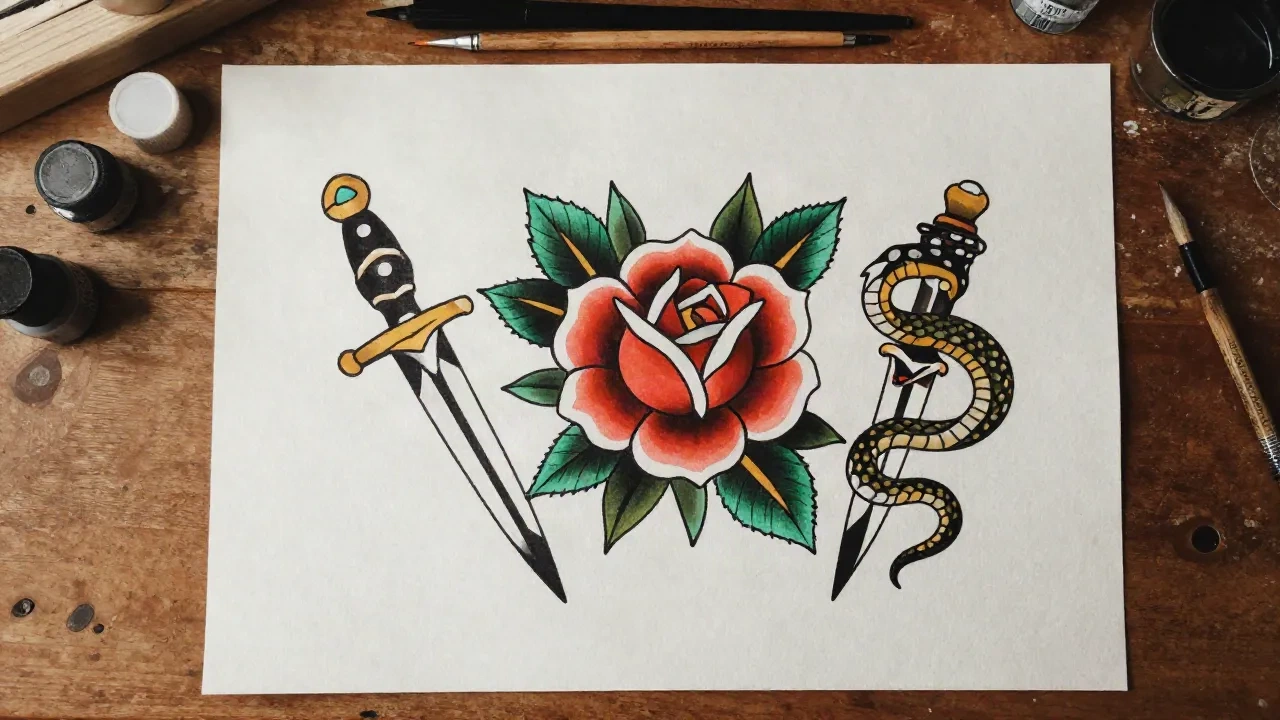 Hand-painted flash sheet with a rose, dagger and snake in bold neo-traditional linework