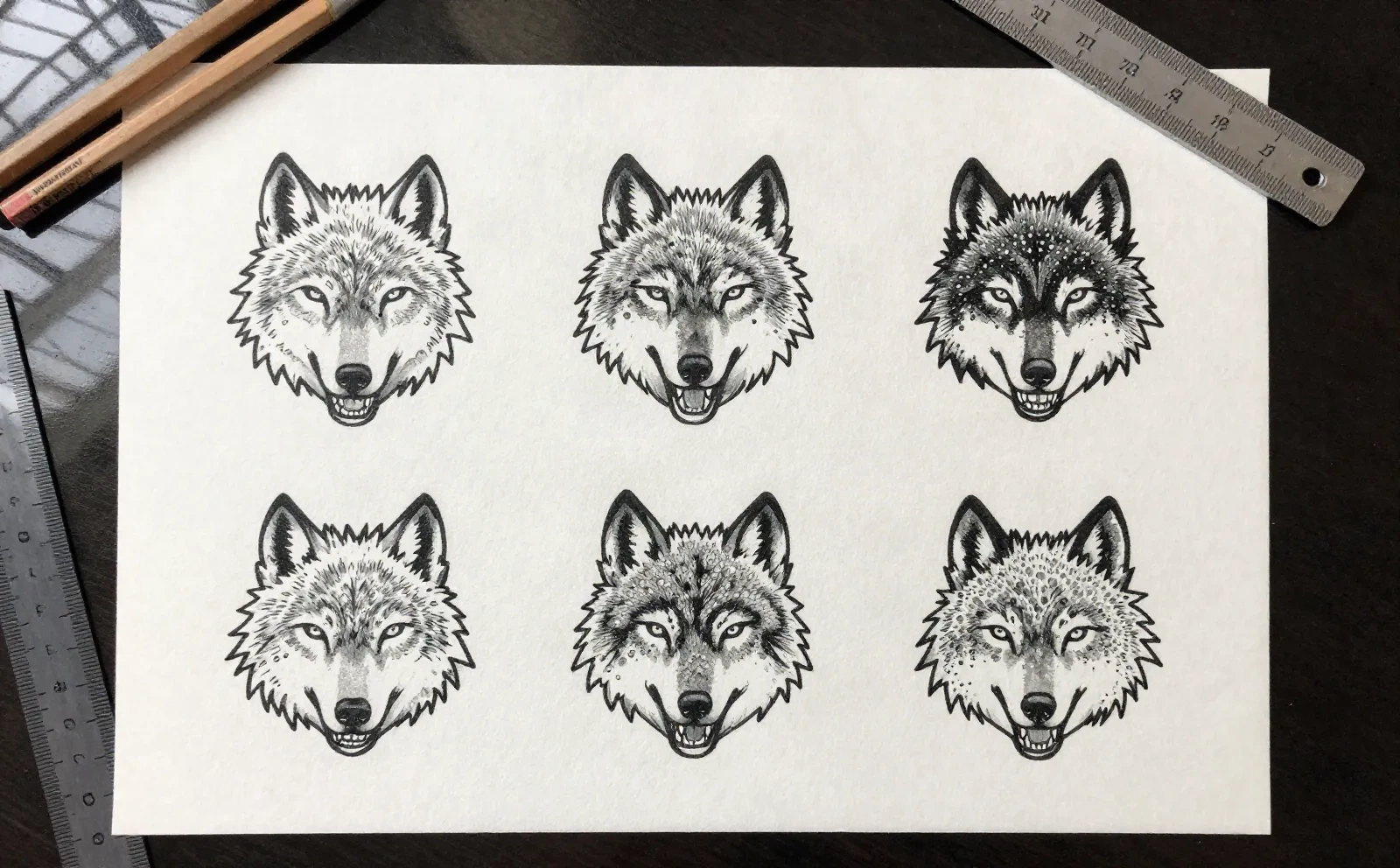 Hand-drawn tattoo flash sheet showing six AI tattoo design style variants of the same wolf motif