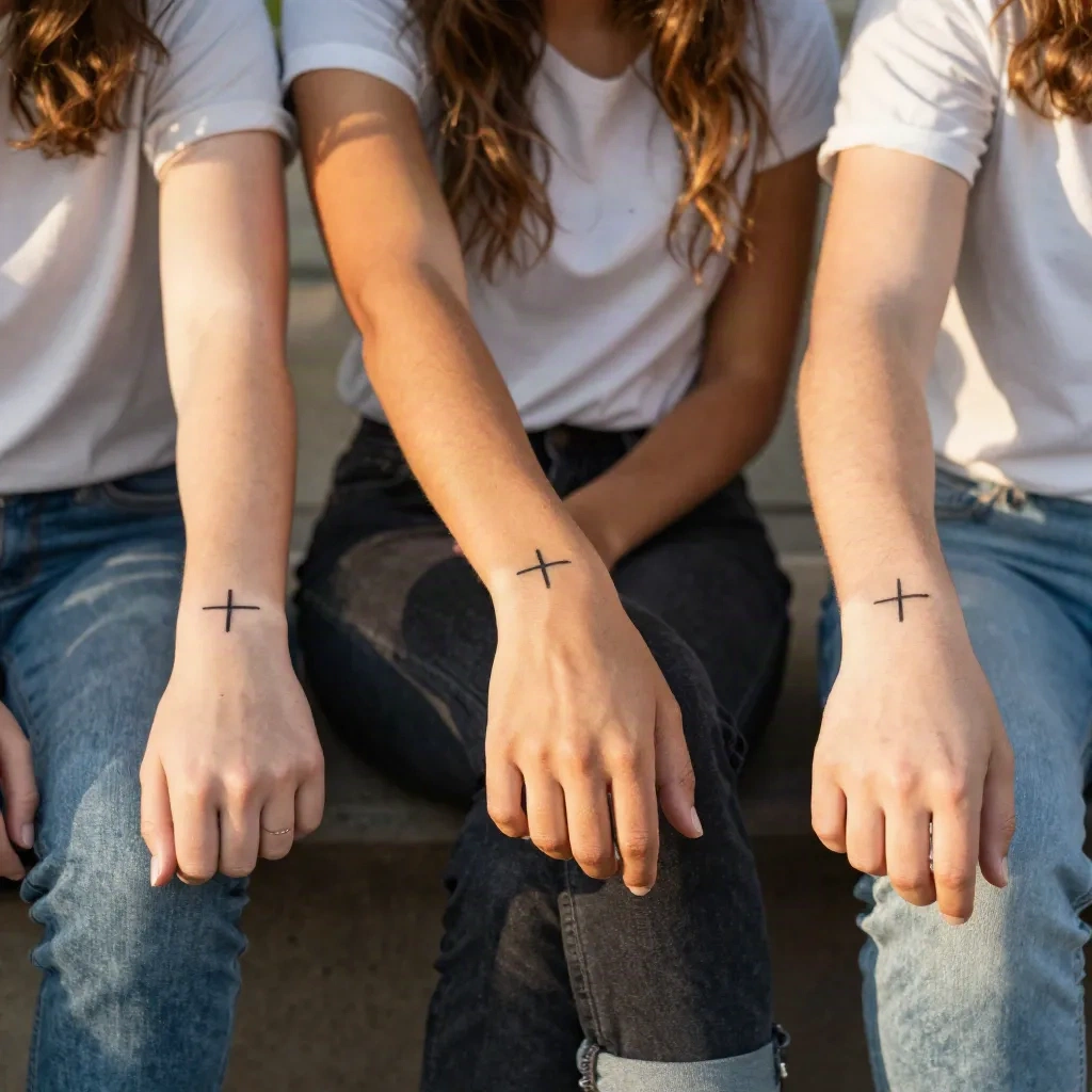 Three people showing their semicolon wrist tattoos - community solidarity