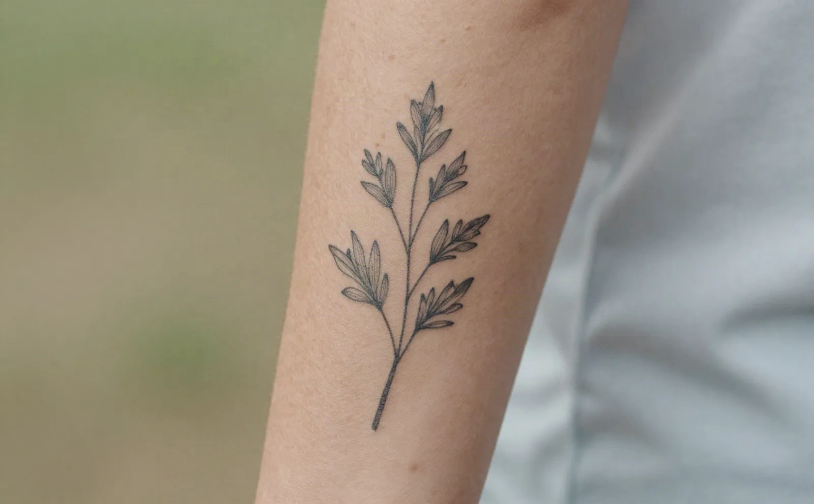 Fine-line botanical tattoo design previewed on a forearm before booking a session